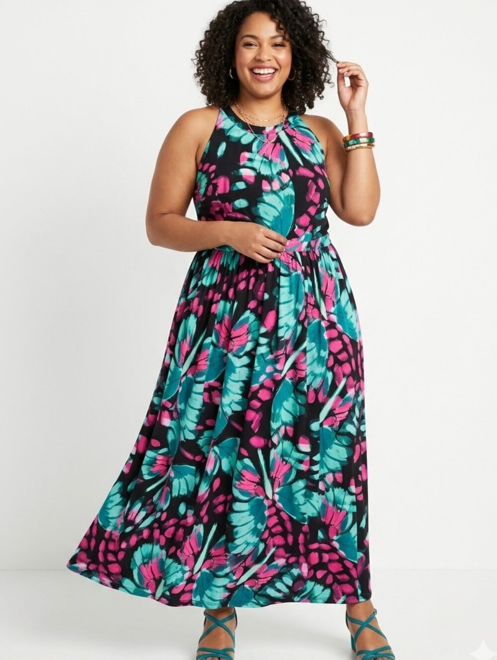 Torrid Plus Size Black Maxi Dress with Teal & Pink Floral Print